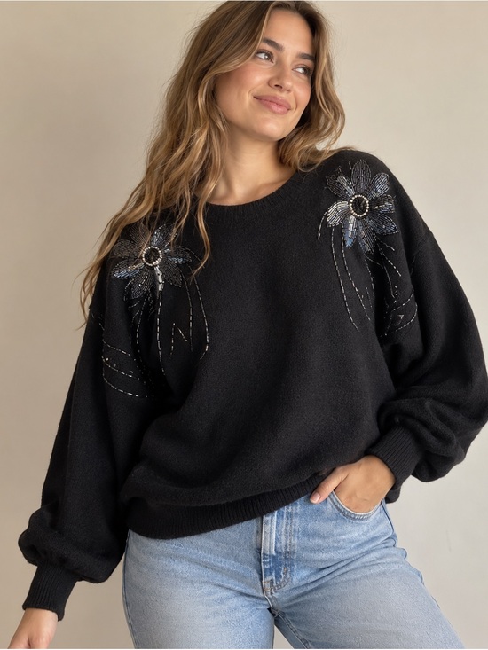 Newcomer Sweaters - Vintage Black Beaded Sweater Relaxed Drop Shoulder Statement Knit Whimsigoth M/L
